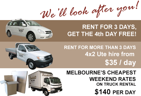 Melbournes cheapest weekend rates on moving truck hire. 4WD hire, minibus hire, van rental.